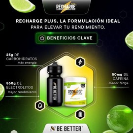Better Recharge Plus Electrolitos 25g Carbohidratos 50mg Cafeína Polvo Porciones Sabor Lima Limón 560
