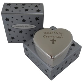 celebrationgiftsforall First Holy Communion Catholic Cross On a Silver Heart Trinket Jewellery Keepsake Box for a Special Girl
