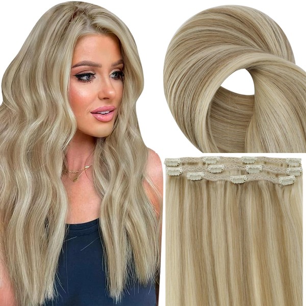 Fshine Real Hair Extensions Clip, 40 cm / 16 Inches, 50 g, 3 Pieces, Light Blonde, Highlighted Golden Blonde, Clip-In Extensions, Real Hair, Natural Hair Extensions, #16P22
