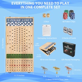 Horse Racing Board Game - 23"x12" - Derby Classic Horse Race Game with 11 Premium Metal Horses - Foldable Wood Horse Game with Dice, 2 Packs of Cards & 60 Poker Chips - Natural Wood