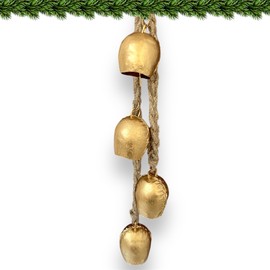 RIYLBEX Christmas Gold Metal Bells with Jute Hanging Rope Set of 4 Vintage Decorative Bell Chime Wall Hanging Brass Finish Home Decor Bells for Christmas, Easter & Winter Holiday