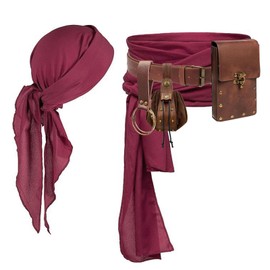 Pirate Costume Pirate Head Scarf Bandanas Belt Waist Sash Medieval Belt Pouch Coin Purse Keyring Hook Casual Festival Set (Brown 02-2Pouch)
