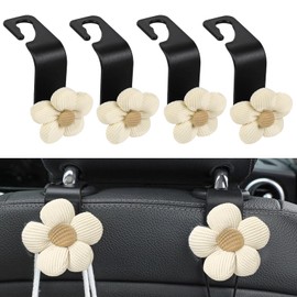 Hbxdeco 4PCS Car Seat Headrest Hook, Cute Flower Car Seat Back Hanging Hook, Auto Seat Purse Hanger Organizer for Handbag Clothes Coat Grocery Bag, Universal Interior Car Accessories (White)