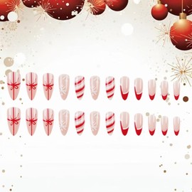 French Tip Press on Nails Christmas Press on Nails Medium Almond Fake Nails with Snowflake Designs Santa's Hat Acrylic False Nails for Women Girls Red White Stripe Stick on Nails 24Pcs Manicure Art
