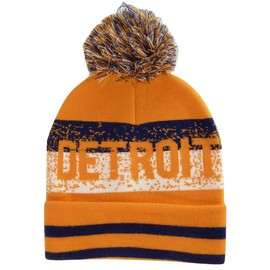 RR Headwear Detroit Pixelated Adult Size Winter Knit Pom Beanie Hat (Orange/Navy)
