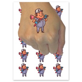 Professional Plumber Man with Plunger and Pipe Wrench Temporary Tattoo Water Resistant Fake Body Art Set Collection - 54 1" Tattoos (1 Sheet)