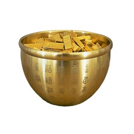 Charming solid brass feng shui decor - hundred fortune jar money bowl with 350 gold bricks, antique brass bowl for wealth and prosperity, 7x7x5cm office or desk accent gift