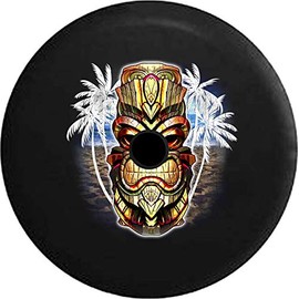 Pike Outdoors JL Series Spare Tire Cover with Backup Camera Hole Tiki Bob Islander Palm Trees and Sandy Beach Black 32 in