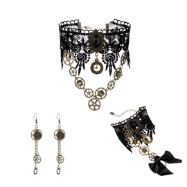 Hopodix 4PCS Black Lace Retro Steampunk Costume Accessories for Women with Gothic choker necklace bracelet Victorian Vampire Accessories