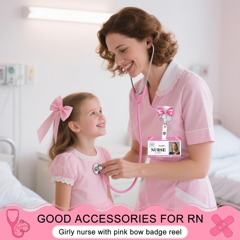 Ivarunner Pink Bow Nurse Badge Reel, Glitter Retractable ID Badge