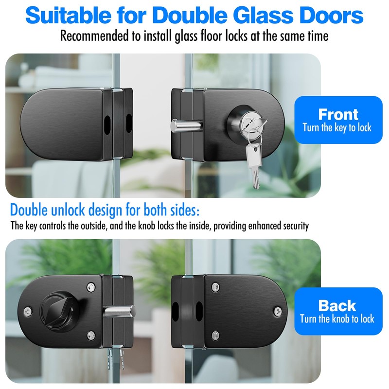 Ranbo Frameless Double-Sided Glass Door Lock,Clamp-On No-Drill,304 Stainless Steel,for 3/8"–1/2"(10-12mm)