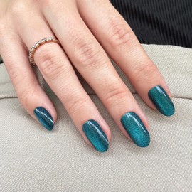 Qsnidy Emerald Green Cat Eye Press on Nails Short Oval Acrylic False Nails Gorgeous Glitter Glossy Full Cover Stick on Nails Galaxy Artificial Fake Nails 12 Sizes - 24 Nails Kit