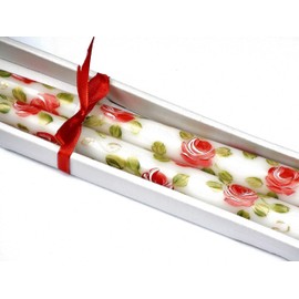 Decorative Romantic Set of Two Elegant Dripless Hand Decorated Painted Red Rose Dinner Table White Taper Candles with Golden Swirls