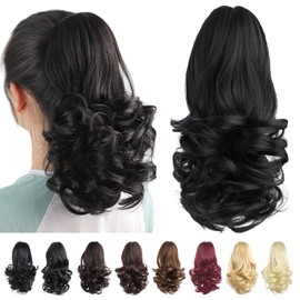 Black Ponytail Extension Claw Clip in 12" Synthetic Hairpiece for Women Girls Kids Lady Hair Piece Wavy High Pony Tails Synthetic Heat Short Curly Hairpiece for Daily Party use Off Black