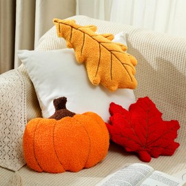 Huwena 3 Pcs Fall Pillow Pumpkin Maple Leaf Shaped Throw Pillow Simulated Fall Decorative Plush Pillow Velvet Cute Autumn Pillow Cushion for Thanksgiving Couch Sofa Bed Decoration