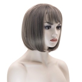 Winrase Short Straight Cosplay Daily Wigs with Air Bangs Women Girls 10" Synthetic Bob Wigs Included Wig Cap (Linen-Grey)