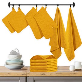 Native Fab 10-Piece Kitchen Set - 100% Cotton, Includes Dishcloths, Dish Towels, Oven Mitts, Potholders, Heat Resistant & Durable, Ideal for Baking, Cooking, and All Kitchen Tasks - Mustard Yellow