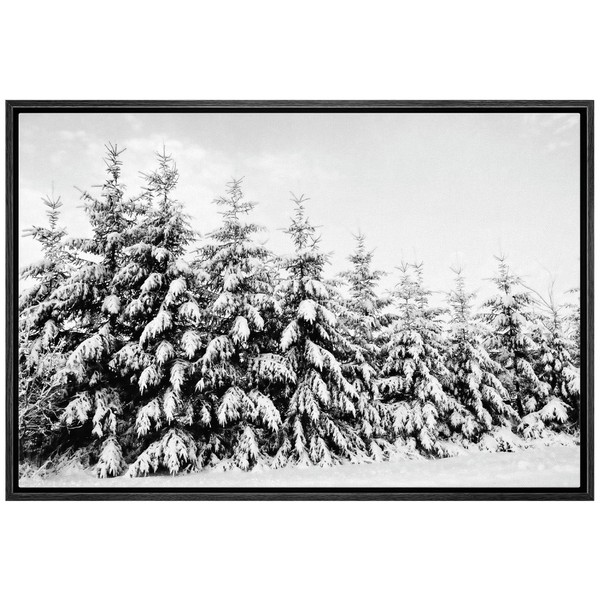 wall26 Framed Canvas Print Wall Art Snow Covered Trees in The Winter Forest Floral Nature Photography Realism Expressive Dark Black and White for Living Room, Bedroom, Office - 16"x24" Black