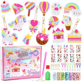 Kit de Pintura de Diamantes para Niños, 15 Pcs Llaveros de Kit Artesanía DIY, Pegatinas de Pintura de Diamantes con Herramientas, Set Artes y Manualidades, Regalos para Niñas Niños 5 6 7 8 9 10 Año