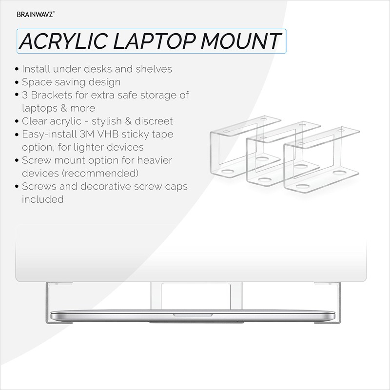 BRAINWAVZ Transparent Under Desk Laptop Holder Mount with Adhesive &