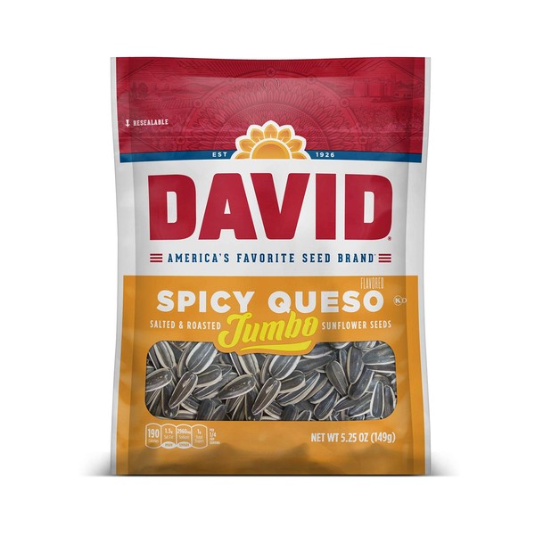 DAVID Roasted and Salted Spicy Queso Jumbo Sunflower Seeds, Keto Friendly, 5.25 oz, 12 Pack