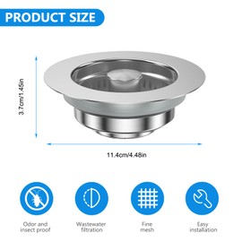 Sink Strainer Kitchen Sink and Sink Plug, 3-in-1 Pop-Up Stainless Steel Drain Plug Sink with Anti-Clogging Basket Drain Strainer Sink for Sink Diameter 75-87 mm