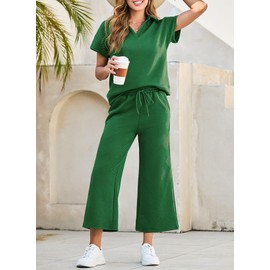 Dokotoo Womens Two Pieces Outfits Trendy Summer Clothes Loungewear Casual Comfy Athletic Tracksuit Valentines V Neck Short Sleeve Lounge Sets Fashion 2025 Sweatsuit Green X-Large