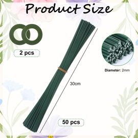 Pack of 50 Green Flower Wire with Florist Tape, 2 mm Flower Trunk Wire, Flexible Florist Wire 30 cm for DIY Flower Wire for Crafts, Robust Plug-In Wire Floristry for Flower Arrangements & Crafts
