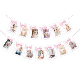 JarThenaAMCS Pink Bow Photo Banner First Birthday Cute Bowknot Hanging Banner Newborn to 12 Months Picture Display Garland for Birthday Baby Shower Milestone Backdrop