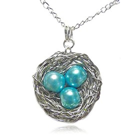 Bird Nest Pendant Necklace Wire Wrapped Silver with 3 Robin Blue Pearl Eggs, Unique Handcrafted Gift
