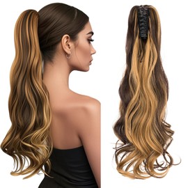 TESS Claw On Ponytail Extension Matte Material 18 Inch/45cm Curly Wavy Clip In Pony tail Synthetic Hairpiece, Black Mixed Blonde