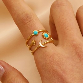 Boho Rings Turquoise Gold Stainless Steel Rings Summer Accessories Beach Jewelry for Women Anniversary Birthday Gifts