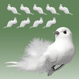 White Feather Doves with Clips - Set of 10 Dove Clip On Decorations for Wedding Christmas Tree Wreath Garland Centerpiece Swag - Feathered Dove Crafting Accessories
