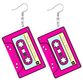 Skyfun 1 Pair 70s 80s 90s Neon Earrings for Women Retro Cassette Tape Shape Candy Color Lightweight Acrylic Drop Dangle Earrings for 80S Costume Outfits Dancing Glow Party Accessories, Hot Pink Tape