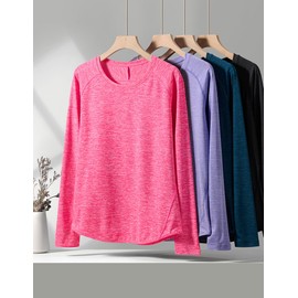 4-Pack: Womens Long Sleeve Athletic Tops with Thumb Holes – Dry Fit Active Crewneck Workout Tees (Set 10, X-Large)