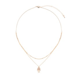 Bohemian Metallic Pendant Trendy Geometric Necklace - Lucky Charm Hamsa, Peace Hand Sign Face Profile Head, Skull Chain (Hamsa Hand Filigree Pendant 2 Layered Brass Necklace - Burnish Gold)