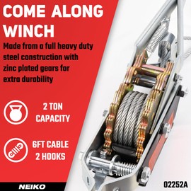 NEIKO 02252A Come Along Winch, 2-Ton (4000 Lbs) Pulling Capacity, 7.2 Ft, 2 Hook, Heavy Duty Power Cable Come Along Tool with Dual Gears, Hand Winch Cable, Automotive Hoist Winch Puller, Recovery Gear