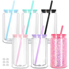 Tswofia 16 Oz Plastic Snow Globe Tumbler with Lid and Straw, 6 Pack Double Wall Pre Drilled Plastic Mason Jar Cups Can for Snow Globe Glitter DIY Gift(Mixed Colors)
