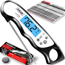 Digital Instant Read Meat Thermometer - Smak Waterproof Kitchen Food Cooking Thermometer with Backlight LCD - Best Super Fast Electric Meat Thermometer Probe for BBQ Grilling Baking Turkey Black