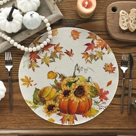 Artoid Mode Pumpkins Maple Leaves Sunflowers Autumn Round Place Mats Set of 4 37 cm Table Mats Washable Place Mats Kitchen Party Decoration