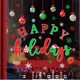 JarThenaAMCS 6 Sheet Christmas Window Clings Red Green White Xmas Ball Snowflake Gift Box Reusable Window Decals for Home School Office Winter Holiday Party Decor