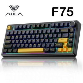 Aula F75 MAX Wireless Mechanical Keyboard 75% Layout Hot Swappable RGB Backlit Gasket Design TFT Screen Knob for PC Mac Linux - Colour: F75 Black&yellow