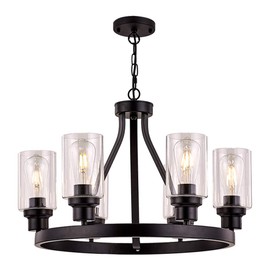 Sivilynus Farmhouse Chandelier Lighting Round 6 Lights Black with Glass Shade Ceiling Hanging Vintage Rustic Light Fixture for Dining Room Living Room Foyer Porch Kitchen Island