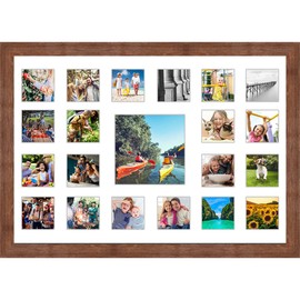 Brown Collage Frame With Mat - 20"x29" Outer Solid Wood Frame For Twenty 4"x4" and (1) 8"x8" Photos Rustic Brown Matted Instagram 4x4 Collage Photo Frame with Mat with Multi Opening Picture Matte