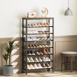 YATINEY 8 Tier Tall Shoe Rack, Large-Capacity Shoe Storage Organizer, Free Standing Shoe Shelf for Closet, Adjustable Metal Shoe Racks Organizer for 32 Pairs of Shoes, Rustic Brown and Black SS78BR