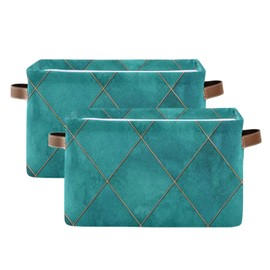 Blueangle Teal Watercolor Geometric Plaid Rectangle Storage Bin, 15 x 11 x 9.5 in, Collapsible Organizer Storage Basket for Home Décor, 2PCS