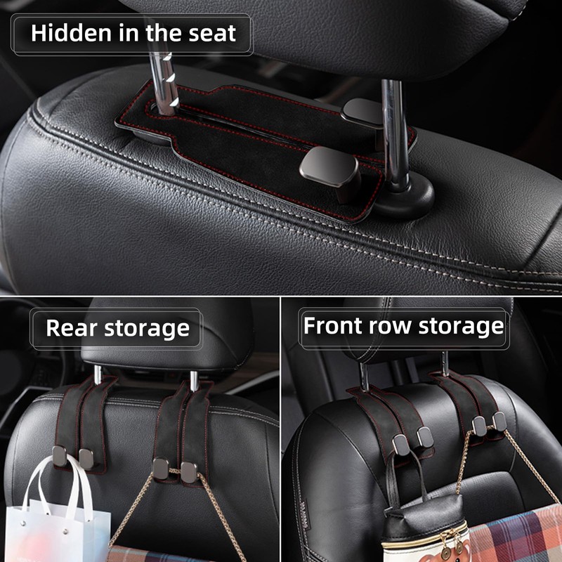 2PCS Black Car Seat Back Leather Hooks, Universal 2-in-1 Storage