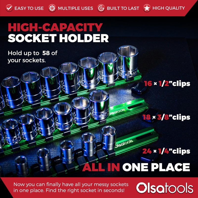 Olsa Tools Aluminum Socket Organizer, 3pc Set - Green Socket