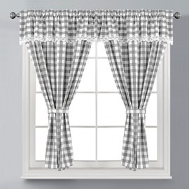 Householdfurnishing Embroidered Kitchen Window Pair Curtains Set Rod Pocket with Attached Valance & Tiebacks (W 48 x L 36 Inch, Silver/White)