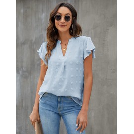 Blooming Jelly Womens White Blouse V Neck Ruffle Sleeve Flowy Shirts Dressy Casual Cute Summer Tops(Large, Sky Blue)